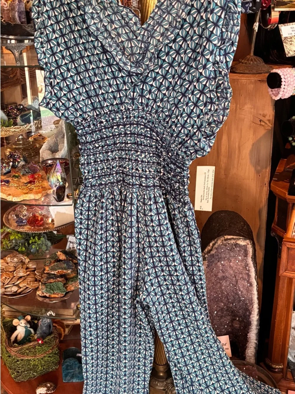 Blue Geometric Jumpsuit with Smocked Waist and pockets! - Picture 3 of 7